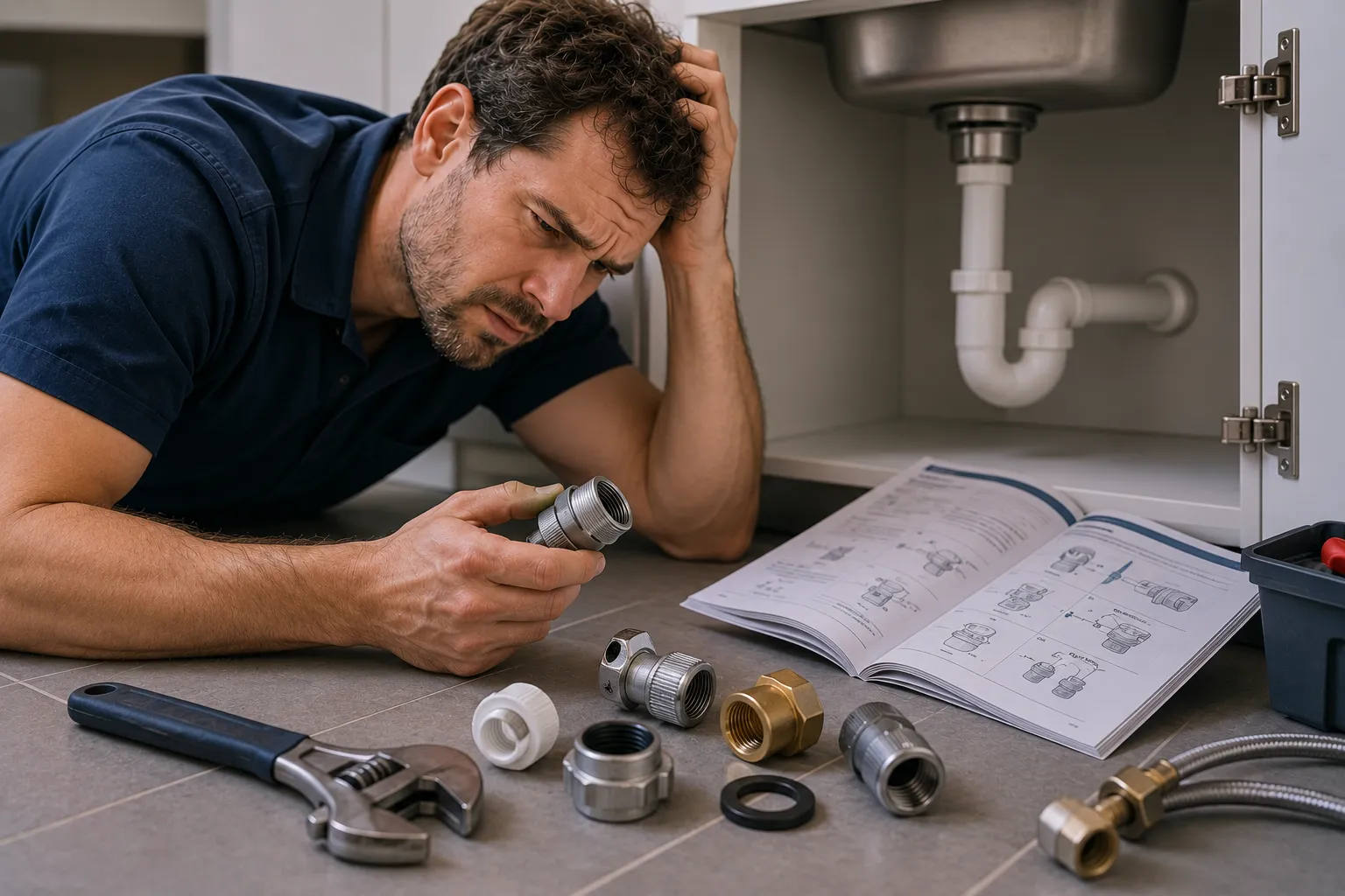 A plumber under a sink, head in hand, with fittings laid out and an instruction manual open beside him